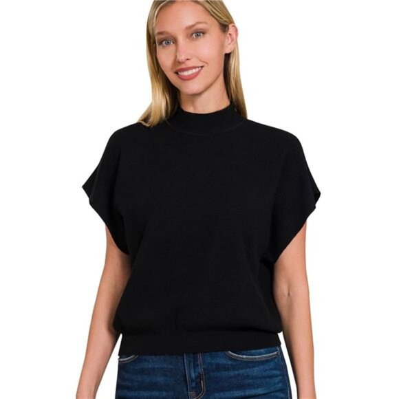 Zenana Mock Neck Short Dolman Sleeve Sweater - Picture 1 of 3